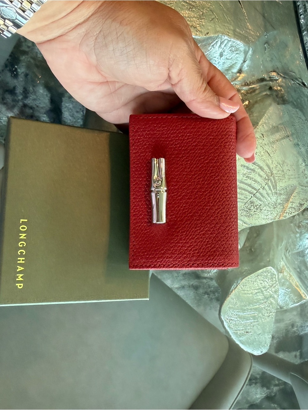 Longchamp Red Textured Leather Wallet with Silver Bamboo Clasp - Picture 2 of 8
